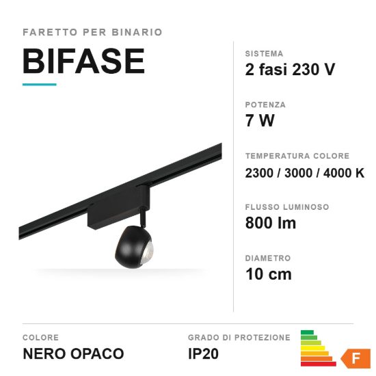Faretto per binario bifase led 7w 2300k 3000k 4000k orientabile nero con lente