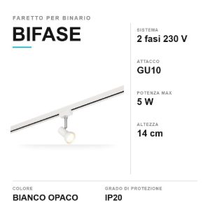 Faretto per binario bifase gu10 orientabile bianco
