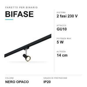 Faretto per binario bifase gu10 orientabile nero