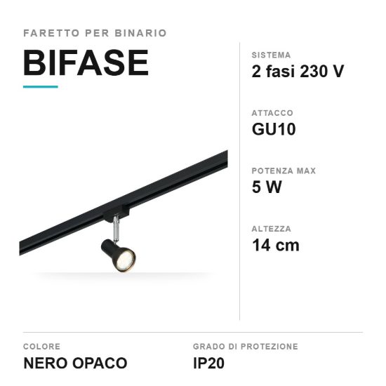 Faretto per binario bifase gu10 orientabile nero