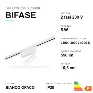 Faretto per binario bifase led 5w 2300k 3000k 4000k orientabile bianco