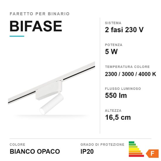 Faretto per binario bifase led 5w 2300k 3000k 4000k orientabile bianco