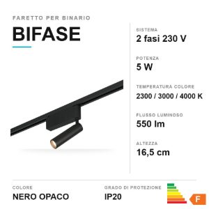 Faretto per binario bifase led 5w 2300k 3000k 4000k orientabile nero