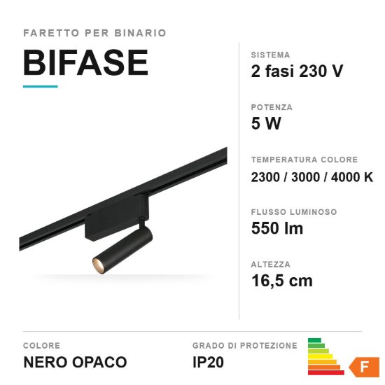 Faretto per binario bifase led 5w 2300k 3000k 4000k orientabile nero