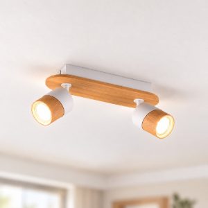 Plafoniera con 2 faretti orientabili moderna bianca legno naturale