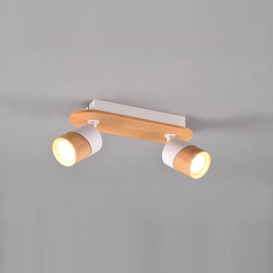 Plafoniera con 2 faretti orientabili moderna bianca legno naturale