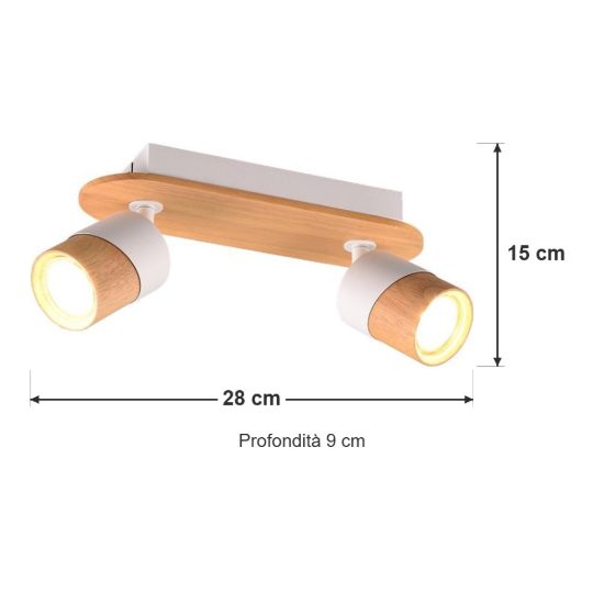Plafoniera con 2 faretti orientabili moderna bianca legno naturale