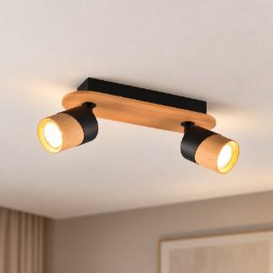 Plafoniera con 2 faretti orientabili moderna nera legno naturale