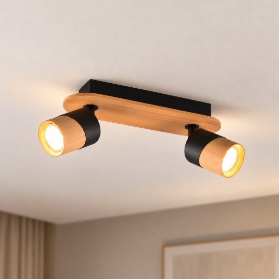 Plafoniera con 2 faretti orientabili moderna nera legno naturale
