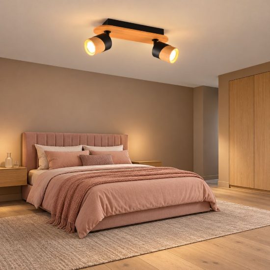 Plafoniera con 2 faretti orientabili moderna nera legno naturale