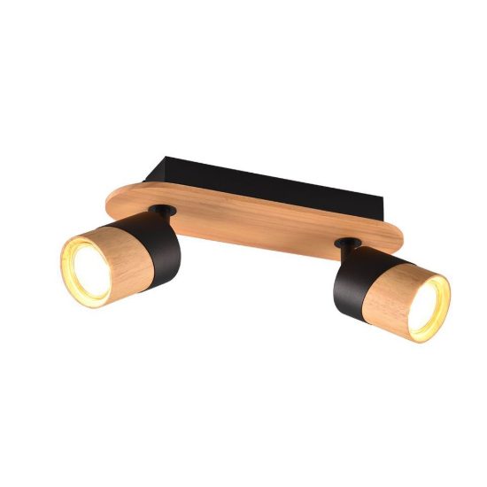 Plafoniera con 2 faretti orientabili moderna nera legno naturale