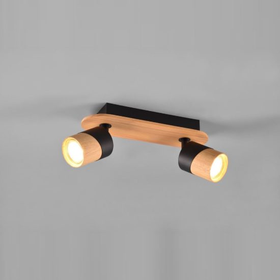 Plafoniera con 2 faretti orientabili moderna nera legno naturale