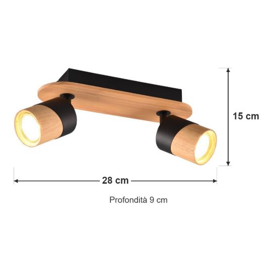 Plafoniera con 2 faretti orientabili moderna nera legno naturale