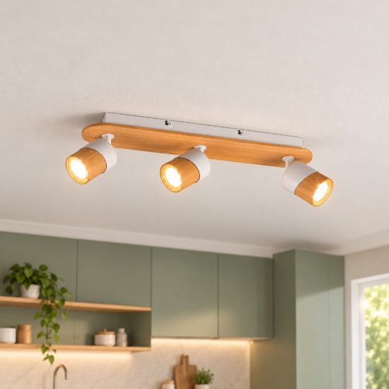 Plafoniera con 3 faretti orientabili moderna bianca legno naturale