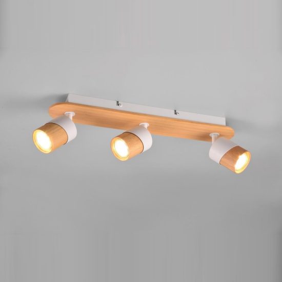Plafoniera con 3 faretti orientabili moderna bianca legno naturale