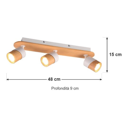Plafoniera con 3 faretti orientabili moderna bianca legno naturale