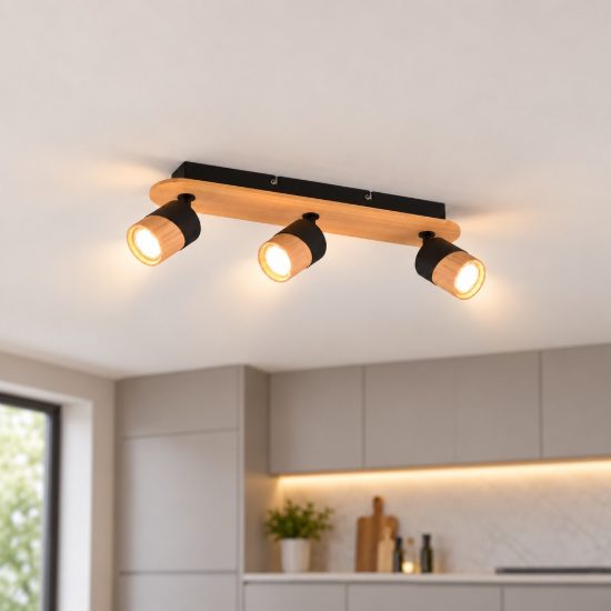 Plafoniera con 3 faretti orientabili moderna nera legno naturale