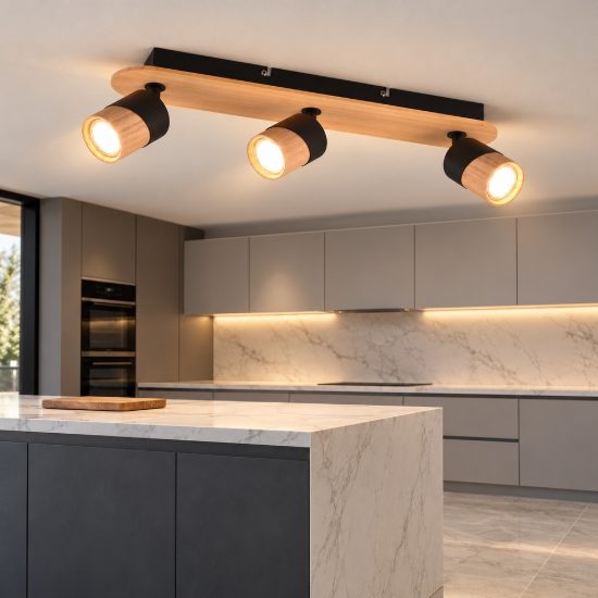 Plafoniera con 3 faretti orientabili moderna nera legno naturale