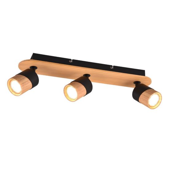 Plafoniera con 3 faretti orientabili moderna nera legno naturale
