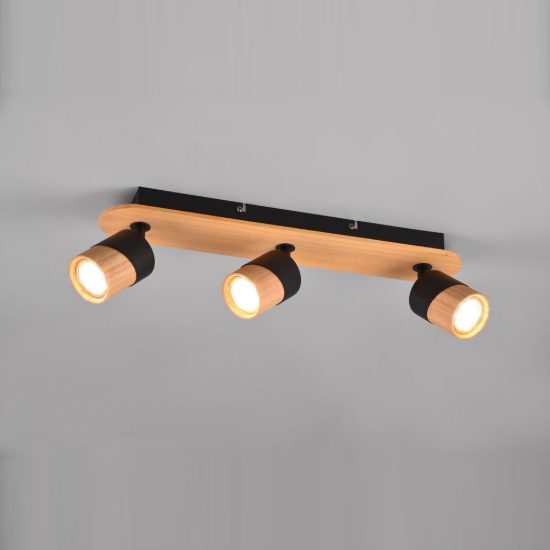 Plafoniera con 3 faretti orientabili moderna nera legno naturale