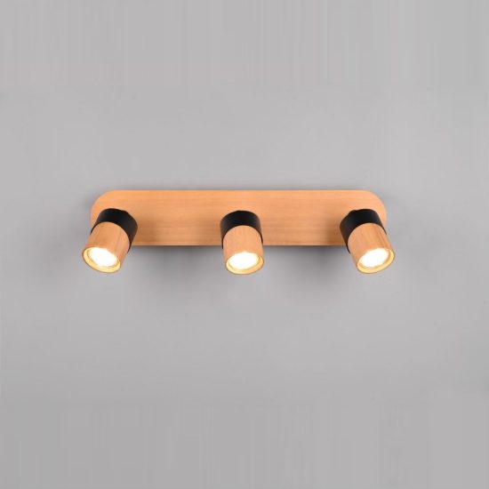 Plafoniera con 3 faretti orientabili moderna nera legno naturale