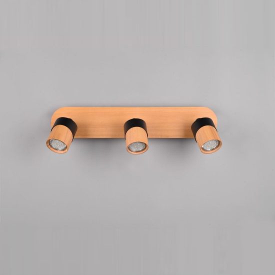 Plafoniera con 3 faretti orientabili moderna nera legno naturale