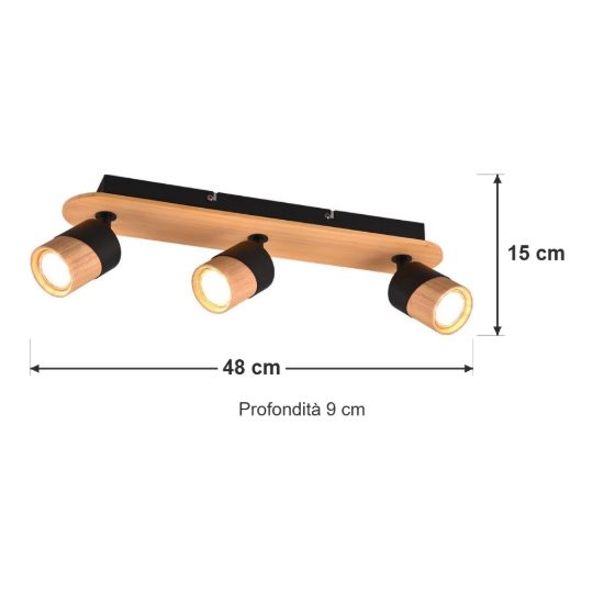 Plafoniera con 3 faretti orientabili moderna nera legno naturale
