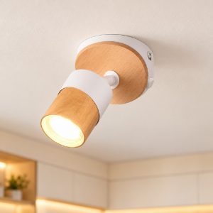 Applique per comodino camera da letto con faretto orientabile bianca legno naturale interruttore