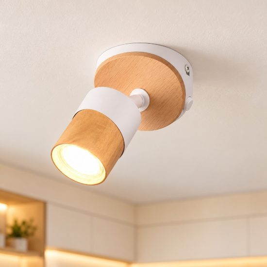 Applique per comodino camera da letto con faretto orientabile bianca legno naturale interruttore