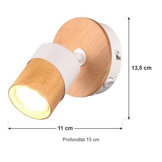 Applique per comodino camera da letto con faretto orientabile bianca legno naturale interruttore