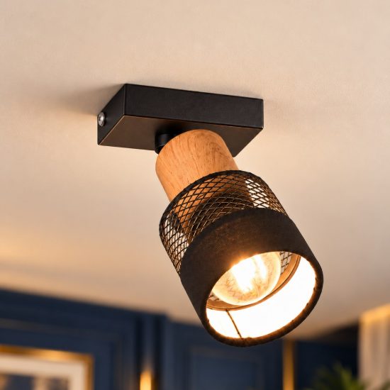 Faretto da soffitto per soggiorno orientabile moderno nero con paralume in tessuto legno