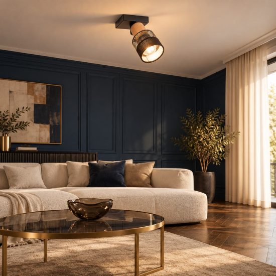 Faretto da soffitto per soggiorno orientabile moderno nero con paralume in tessuto legno