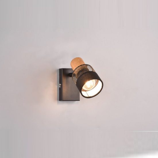 Faretto da soffitto per soggiorno orientabile moderno nero con paralume in tessuto legno