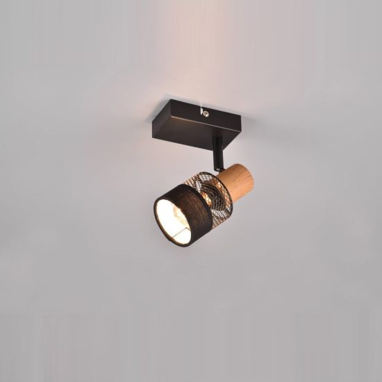 Faretto da soffitto per soggiorno orientabile moderno nero con paralume in tessuto legno