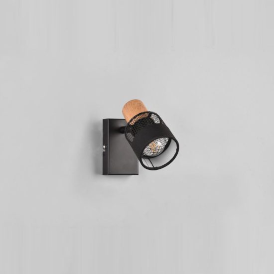 Faretto da soffitto per soggiorno orientabile moderno nero con paralume in tessuto legno