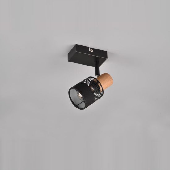 Faretto da soffitto per soggiorno orientabile moderno nero con paralume in tessuto legno
