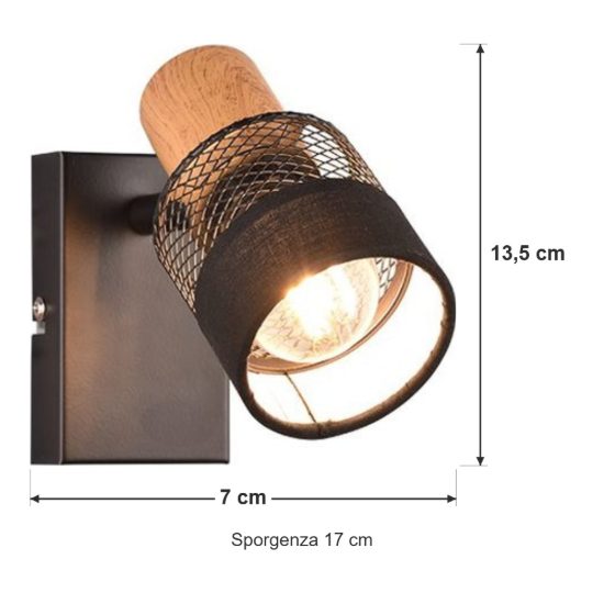 Faretto da soffitto per soggiorno orientabile moderno nero con paralume in tessuto legno