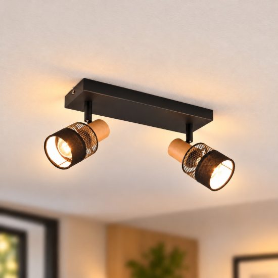 Plafoniera con 2 faretti orientabili moderna nera con paralumi in tessuto legno