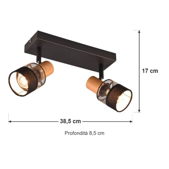 Plafoniera con 2 faretti orientabili moderna nera con paralumi in tessuto legno