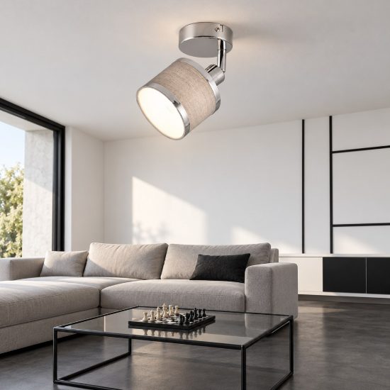 Faretto da soffitto per soggiorno moderno cromo con paralume in tessuto grigio