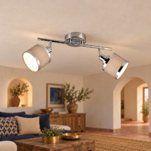 Plafoniera con 2 faretti moderna cromo con paralumi in tessuto grigio