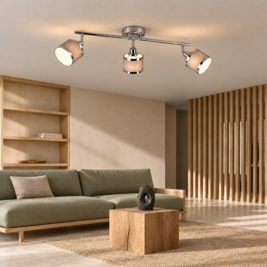 Plafoniera con 3 faretti moderna cromo con paralumi in tessuto grigio