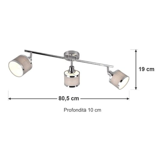 Plafoniera con 3 faretti moderna cromo con paralumi in tessuto grigio