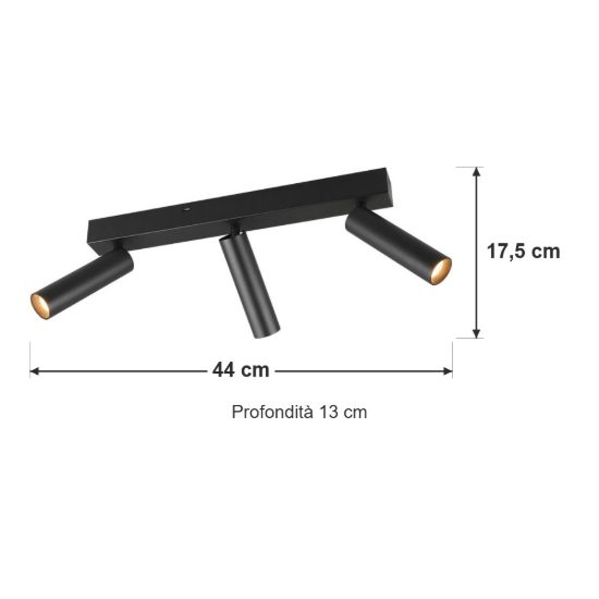 Plafoniera con 3 faretti led 16,5w 2300k 3000k 4000k orientabili moderna nera