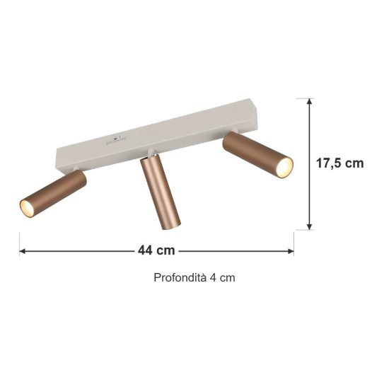 Plafoniera con 3 faretti led 16,5w 2300k 3000k 4000k orientabili moderna grigio caldo caffe