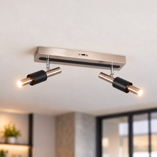 Plafoniera con 2 faretti led 9w 2300k 3000k 4000k orientabili moderna nichel opaco nera