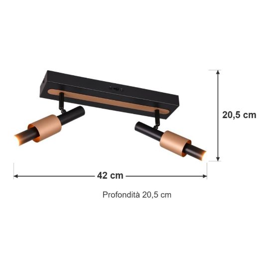 Plafoniera con 2 faretti led 9w cct 2300k 3000k 4000k orientabili moderna nera caffe
