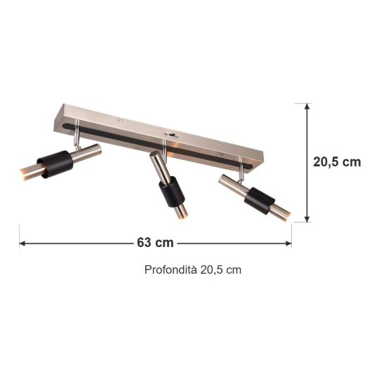 Plafoniera con 3 faretti led 13,5w cct 2300k 3000k 4000k orientabili moderna nichel opaco nera
