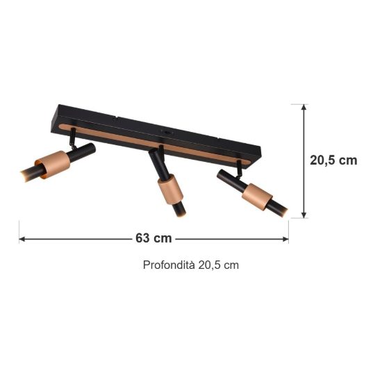 Plafoniera con 3 faretti led 13,5w cct 2300k 3000k 4000k orientabili moderna nera caffe