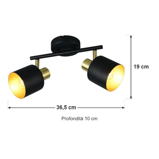 Plafoniera con 2 faretti orientabili moderna nera oro